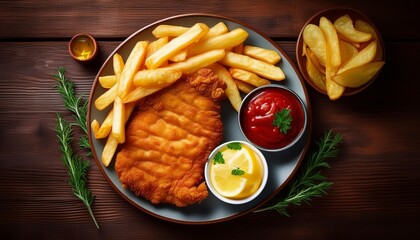 breaded cutlet, cotoletta alla milanese with fries on a brown wooden table