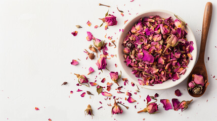 Dried rose petal and bud scattered on white background, bowl filled with buds