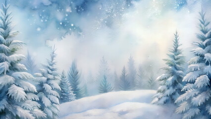 Fototapeta premium Watercolor Christmas background. Beautiful white winter background with frosted spruce , pure fluffy snow . Banner, template, space for text. Xmas card.