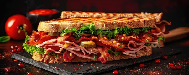 Fototapeta premium A delicious sandwich filled with fresh ingredients, including ham, lettuce, and tomato, served on toasted whole grain bread.