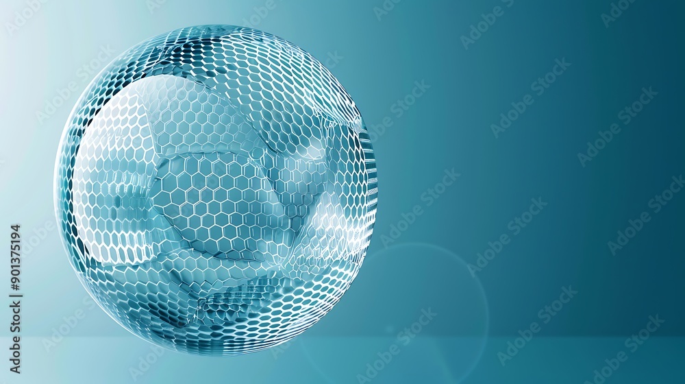 Poster 3d rendering of a shiny, transparent sphere with a hexagonal structure on a blue background. the ima