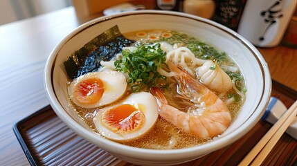 A delicious bowl of ramen featuring shrimp, egg, seaweed, and fresh greens, perfect for food lovers and culinary enthusiasts.
