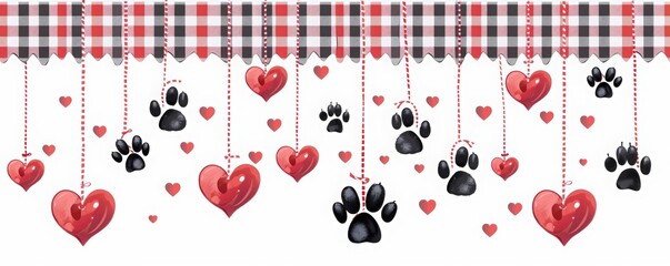 International Dog Day. A cute Valentine's Day card design with heart-shaped dog paws hanging from strings on a white background