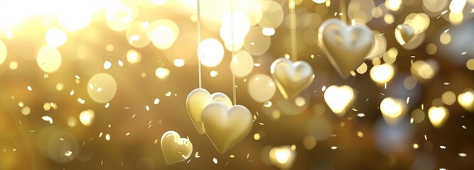 金色の輝きと白いハートが舞い上がるロマンチックな祝福の背景-生成AI