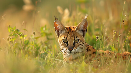 Fototapeta premium Serval cat hunts in the grass. Beautiful serval cat on the hunt.