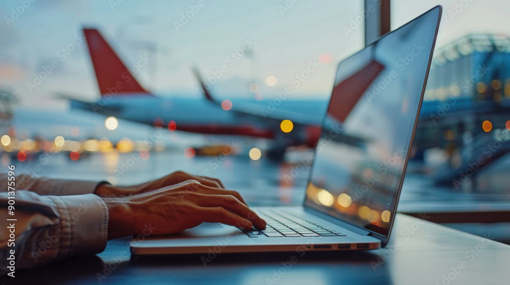 Wall mural a programmer works on a laptop computer while waiting for his flight at the airport with an airplane