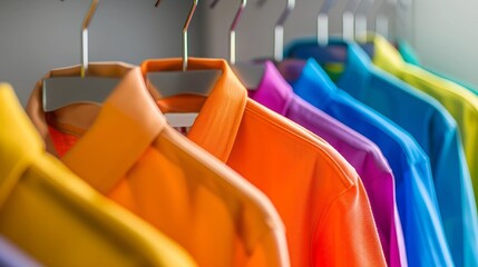 Fototapeta premium background of brightly coloured shirts on hangers with space for text