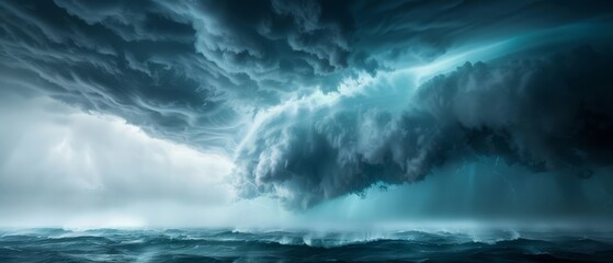 Fototapeta premium Dramatic storm clouds gather above a turbulent sea, creating a captivating scene of nature's raw power and beauty.