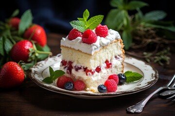 Slice of creamy cake adorned with fresh raspberries and blueberries, garnished with mint