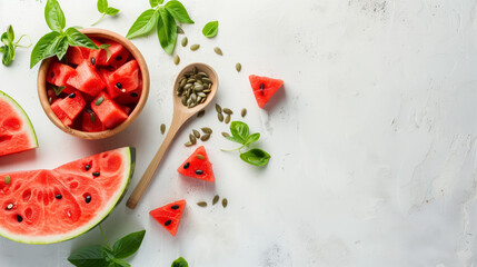 Fresh watermelon with piece, on white background, bowl filled with watermelon seeds