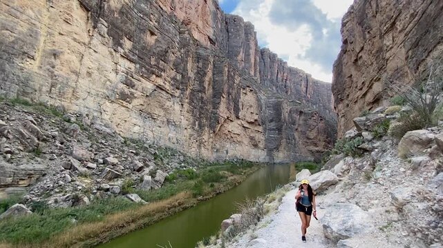 Young Woman Hiking in Santa Elena Canyon of Big Bend National Park, Texas USA, Panorama