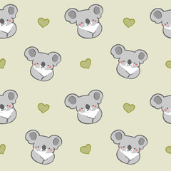 Seamless Pattern with Cartoon Koala Bear and Heart Design on Light Green Background