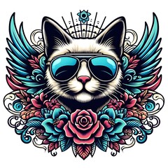 Cool Cat with Wings and Flowers