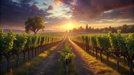 Fototapeta premium Grape fields against the backdrop of sunset. Winemaking.