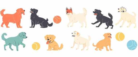 Obraz premium A set of a golden retriever puppy playing with a ball on a white background. Happy Dog Day, on August 26th, adorable dogs in various poses and expres