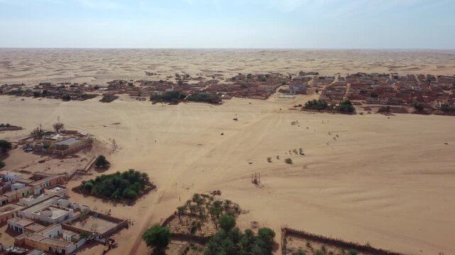 Chinguetti city, Sahara desert, Mauritania. Drone Shot