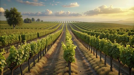 Grape fields against the backdrop of sunset. Winemaking.