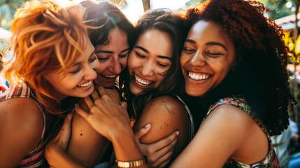 Obraz premium Multicultural group of women hugging each other in a sunny outdoor cafe