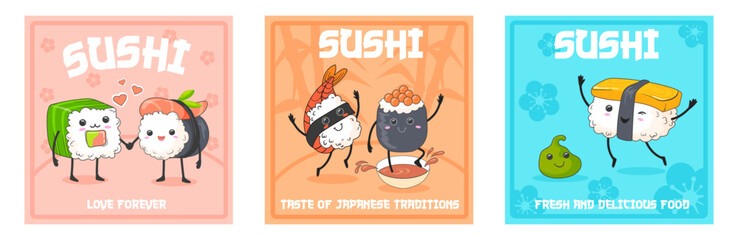 Cartoon sushi rolls poster. Rice sushi retro cute characters, japanese food funny mascot invitation poster seafood japan cookery advertising menu template, neat vector illustration