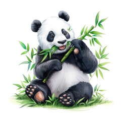 A watercolor style illustration of a panda bear sitting and eating bamboo