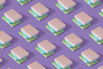 Pattern of stack of colorful books on a pastel purple background with soft shadow, copy space. Book Lovers Day concept