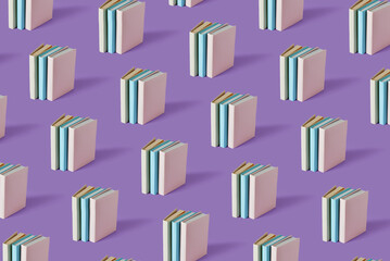 Pattern of books on a pastel purple background with soft shadow, copy space. Book Lovers Day concept