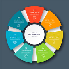 Fototapeta premium Infographic circular diagram with 7 options, parts. Seven-step process chart with colorful segments, applicable for data visualization, presentation, business infographics.