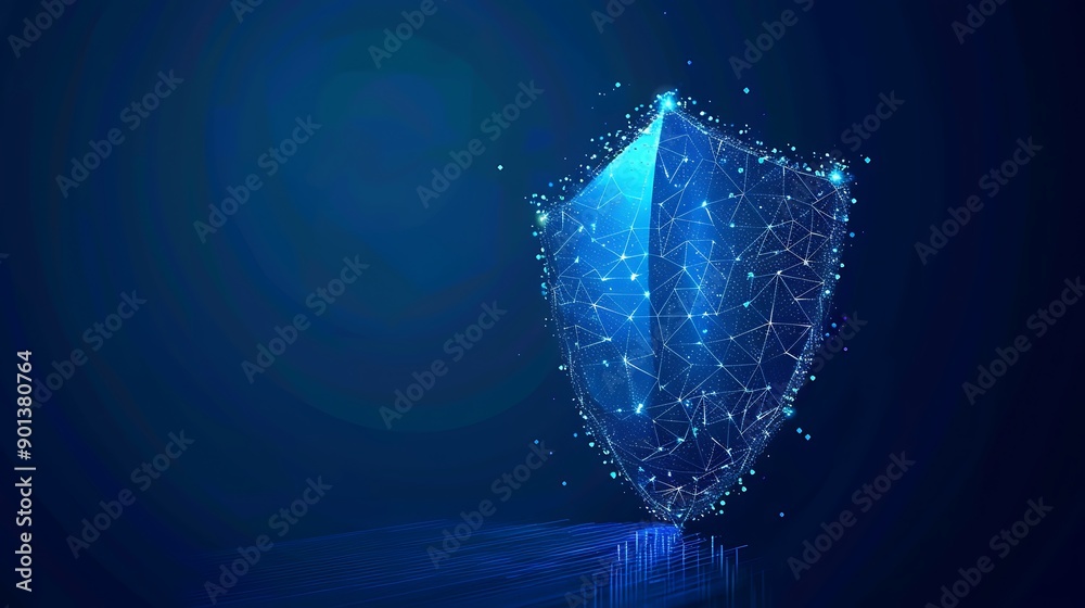 Poster blue abstract shield formed by glowing lines and dots representing digital security and protection.