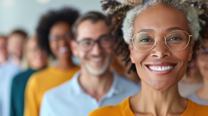 Fototapeta premium A senior woman with glasses smiles brightly while standing in line with a diverse group of people, showcasing inclusivity, togetherness, and happiness in a community setting.