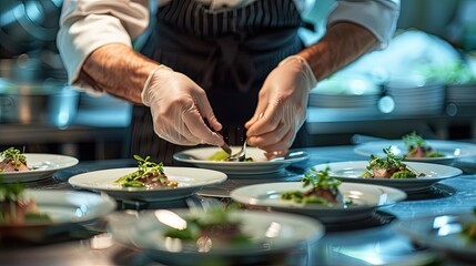 Fototapeta premium Photograph the process of a chef adding final touches to a tasting menu, illustrating the meticulous attention to detail and creativity that go into each course.