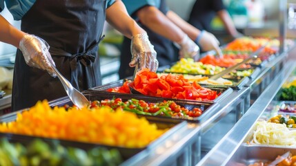 Obraz premium workers preparing fresh vegetables at salad bar with dressing boxes and stainless steel cola cups on display shelves