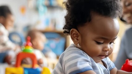 multicultural daycare center with African American toddler babies. Group of workers with babies in nursery or kindergarten playful