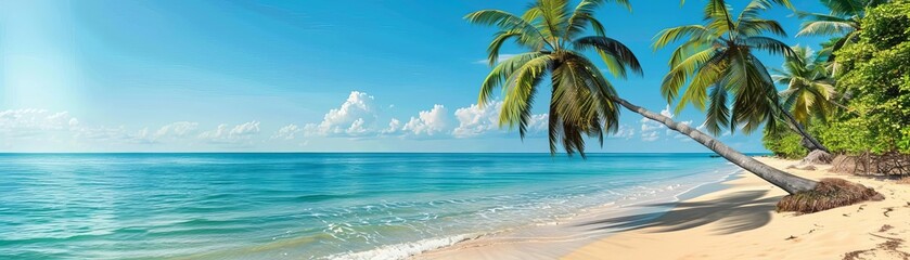 Obraz premium Tall palm trees on sandy beach, exotic tropical retreat, relaxation