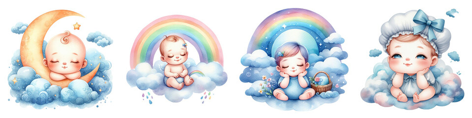 Fototapeta premium Four children are sleeping in the sky. One of them is holding a teddy bear. The sky is filled with clouds and stars