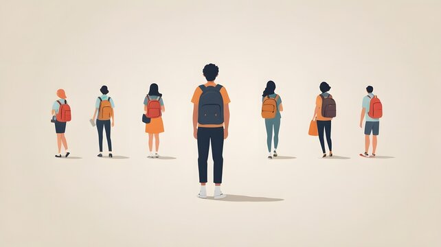 Ilustraci&oacute;n de ni&ntilde;os y ni&ntilde;as de espaldas con sus mochilas en la espalda preparados para ir al Colegio. Concepto vuelta al cole en Septiembre