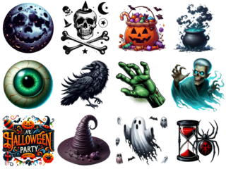 Halloween party with skulls, bones, and other spooky images. The images include a skull, a pumpkin, a skeleton, a ghost, a spider, a pumpkin, a skull, a skeleton, a skull, a skull, a skull