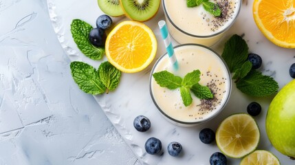 Fototapeta premium Two glasses of refreshing summer smoothies are presented with slices of orange, kiwi, blueberries, and mint leaves on a marble surface, inviting a fresh and healthy drink.