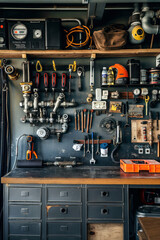 Fototapeta premium A clean and organized workspace of a plumber, featuring a workbench with neatly arranged tools, and various pipe fittings hanging on the wall.