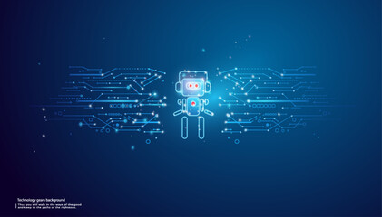 Digital AI robot floating above a light blue neon portal. Technology innovation background. Cute blue polygonal futuristic bot assistant. Tech bg. Low poly wireframe vector illustration.