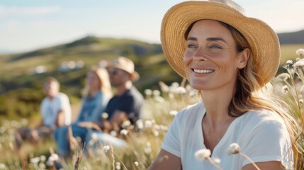 Fototapeta premium A serene woman wearing a sun hat sits in a grassy field, with a blurred group sitting behind her, embracing nature, peace, and relaxation in a scenic setting.