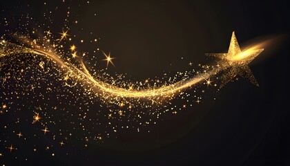 Stars with glowing golden sparkles, vector light effects on black background. Bright shining glitter sparks of gold stars with waves of sparkling dust trail, Christmas, magic or space themes 