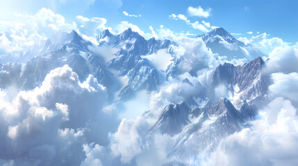 Obraz premium Wonderful alpine scenery with great rocks and mountains in dense low clouds. Atmospheric highlands landscape with mountain tops above clouds. Beautiful view to snow mountain peaks over thick clouds.