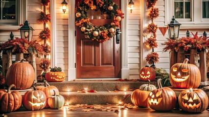 Obraz premium A Christmas wreath hangs on the front door