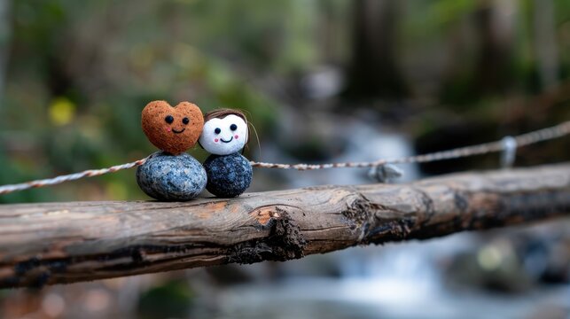 Two adorable stone figurines, one heart-shaped, sit on a rustic log bridge over a stream, evoking feelings of joy, simplicity, and nature's whimsical charm.