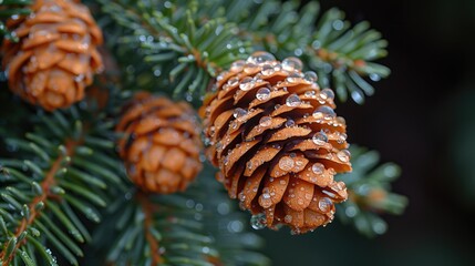 close up photo of pine cones on an evergreen tree