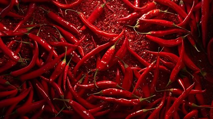 Fototapeta premium Close up of a cluster of red chili peppers arranged against a red background, creating a vibrant and spicy still life.