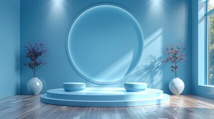 A blue stage product podium with a blue background