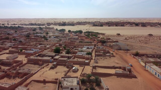 Chinguetti city, Sahara desert, Mauritania. Drone Shot