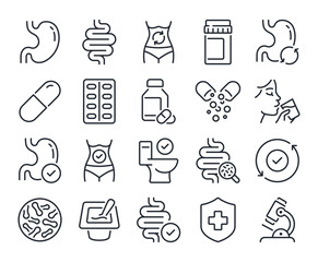 Digestion, intestine, stomach, and probiotics editable stroke outline icons set isolated on white background flat vector illustration. Pixel perfect. 64 x 64