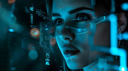 Concept of future technology or entertainment system, virtual reality. Female portrait lit by HUD interface. Generative Ai.